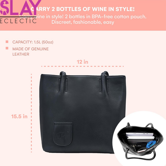 Vegan Leather Tote Bag with Hidden Insulated Flask Compartment and Dispenser with Spout That Holds 2 Bottles of Wine 1.5L (50Oz)! Perfect for Traveling, Concerts, Bachelorette Party!