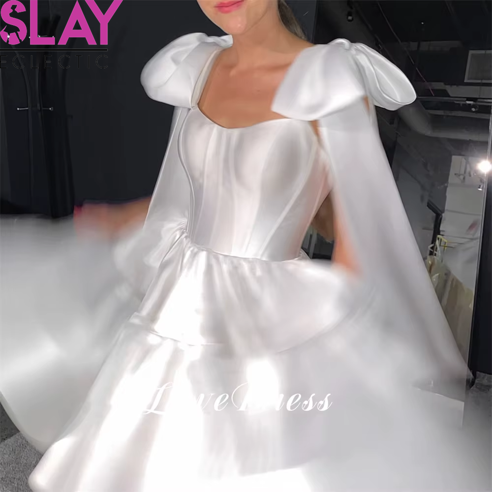 Customized Elegant Short A-Line Tiered Stain Pleats Bow Spaghetti Straps Wedding Dress above Knee Bridal Gown Elegant Vestido