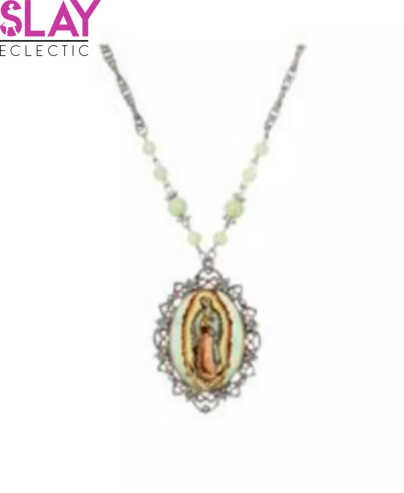 Spiritual Elegance: Our Lady Of Guadalupe Enamel Necklace With Green Beads