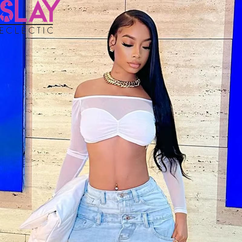 Fashion Sexy T-Shirt Women Autumn Solid New Long Sleeves Slash Neck Strapless Tees Casual Corset Streetwear Mesh Basic Crop Top