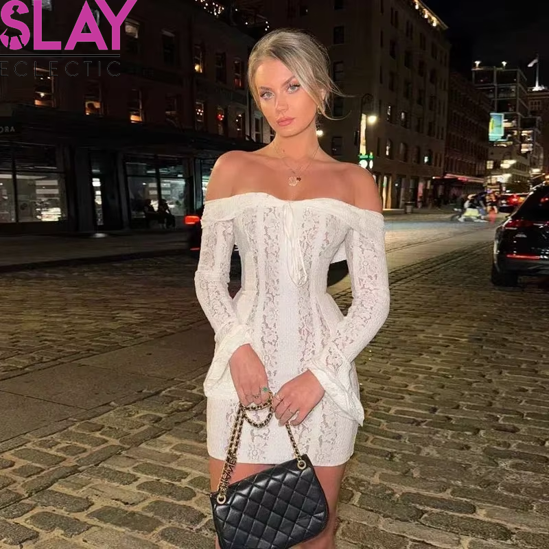 Lace Slim Mini Dress for Women off the Shoulder Sexy Long Sleeves Club Party Dresses Bodycon Elegant Autumn Dress