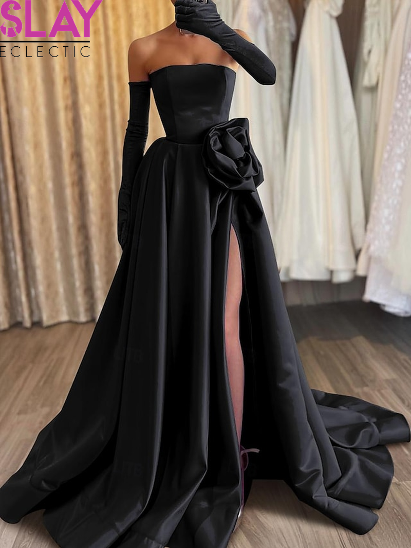 TS A-Line Evening Gown Elegant Dress Carnival Formal Floor Length Sleeveless Strapless Satin with Appliques 2025