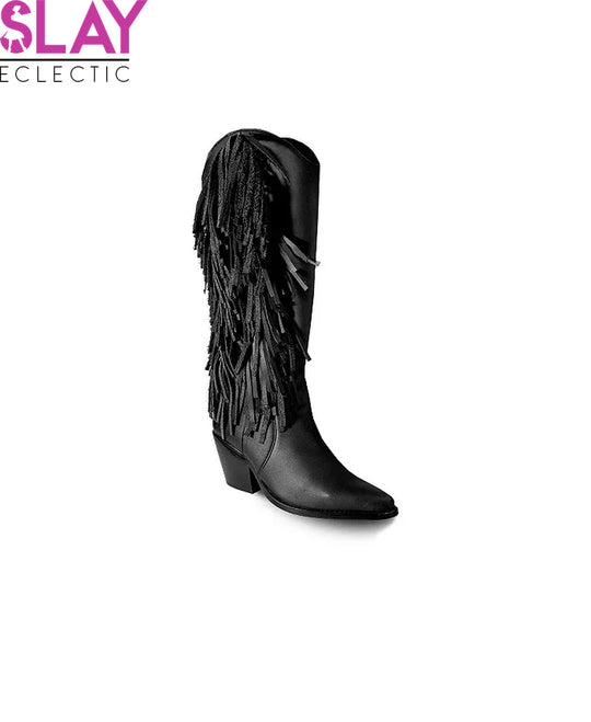 Chic Black Knee-High Leather Boots with Stylish Side Fringe-Slay Eclectic