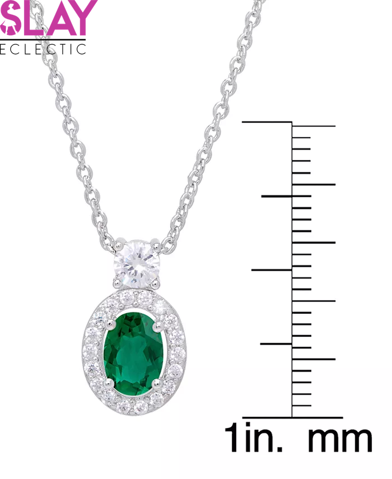 Simulated Emerald Oval Halo 3 Piece, Pendant, Earrings and Ring, Set in Silver Plate