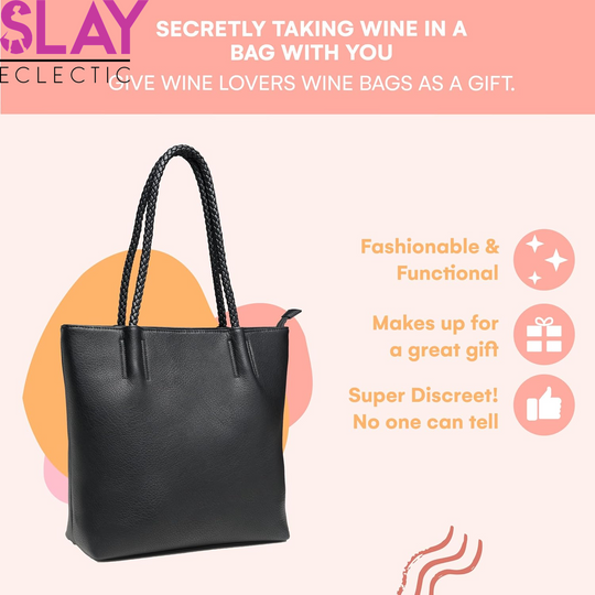 Vegan Leather Tote Bag with Hidden Insulated Flask Compartment and Dispenser with Spout That Holds 2 Bottles of Wine 1.5L (50Oz)! Perfect for Traveling, Concerts, Bachelorette Party!