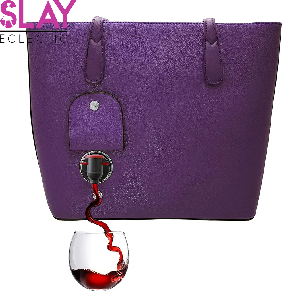 Classic Tote Bag - Vegan Leather Wine Purse with Hidden Spout and Dispenser Flask for Wine Lovers That Holds and Pours 2 Bottles of Wine! Traveling, Concert, Bachelorette Party - Aubergine