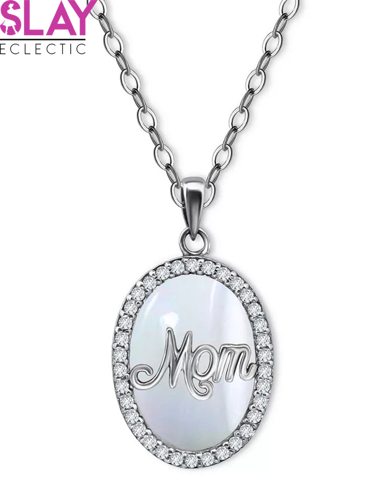 Elegant "Mom" Halo Pendant Necklace With Cubic Zirconia & Mother Of Pearl