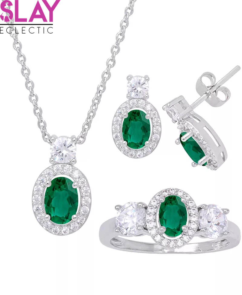 Simulated Emerald Oval Halo 3 Piece, Pendant, Earrings and Ring, Set in Silver Plate