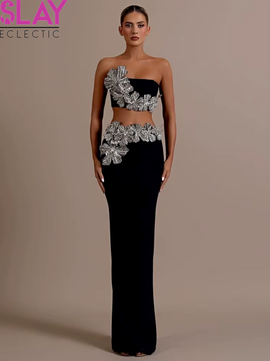 Women Sexy Strapless Flower Diamonds Crystal Black Maxi Long Bandage Skirt Set 2024 Knitted Elegant Evening Club Party Clothing