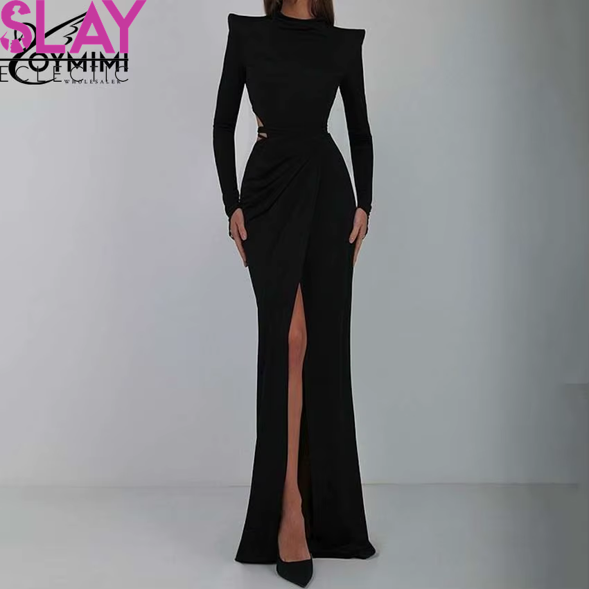 Oymimi Elegant Black Slim 2 Piece Sets Women Outfit Sexy Long Sleeve Lace-Up Open Back Bodysuit + Floor-Length Mermaid Skirt Set