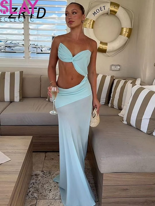 Sexy Backless Bikini Long Dress Women Side Split Sleeveless Pleated Female Vacation Dresses 2025 Spring Lady Beach Party Robes