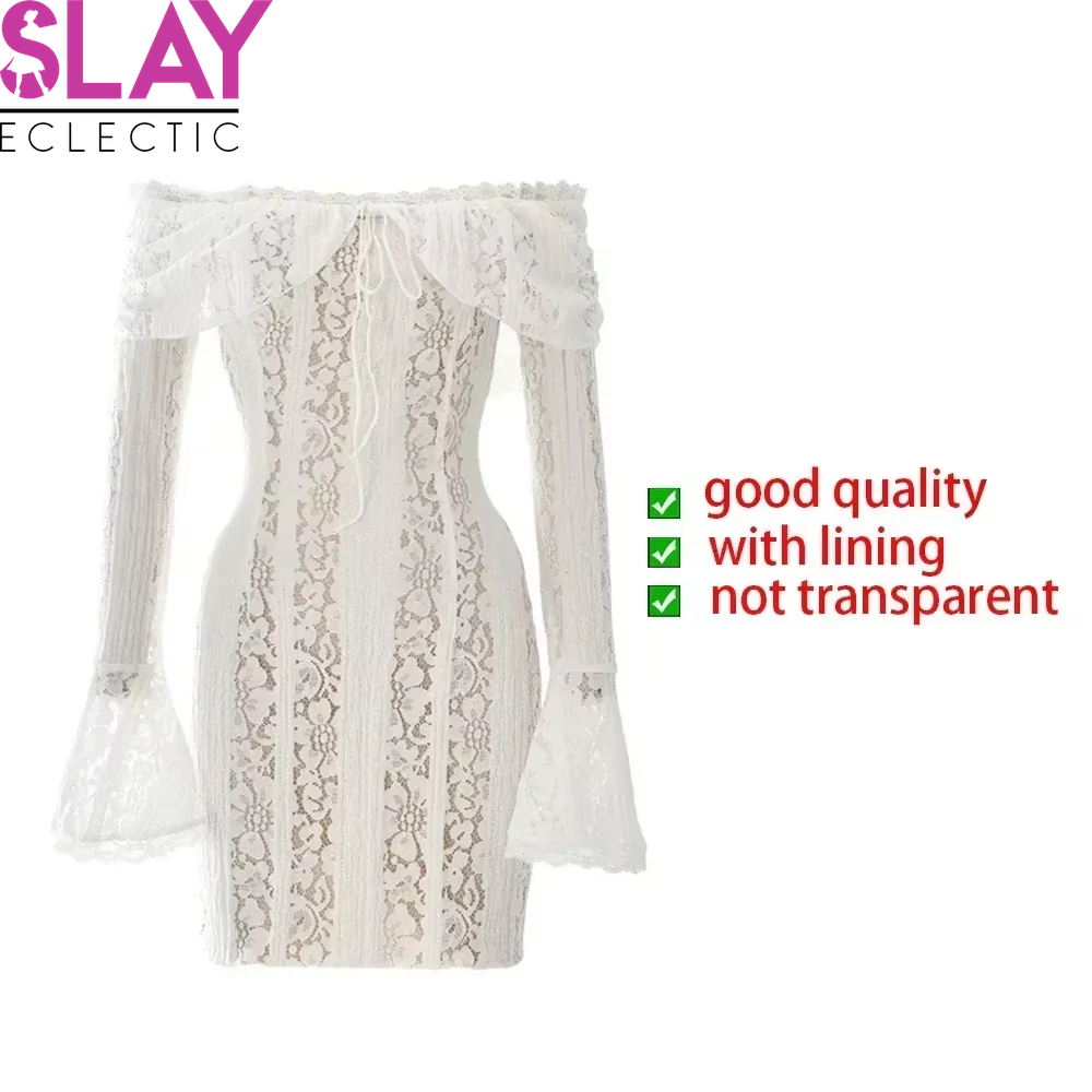 Lace Slim Mini Dress for Women off the Shoulder Sexy Long Sleeves Club Party Dresses Bodycon Elegant Autumn Dress