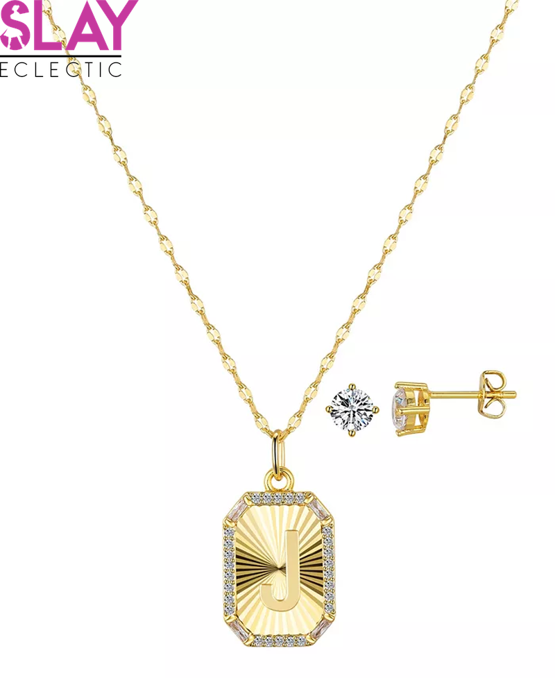 Cubic Zirconia Initial Pendant Necklace and Stud Earring Set