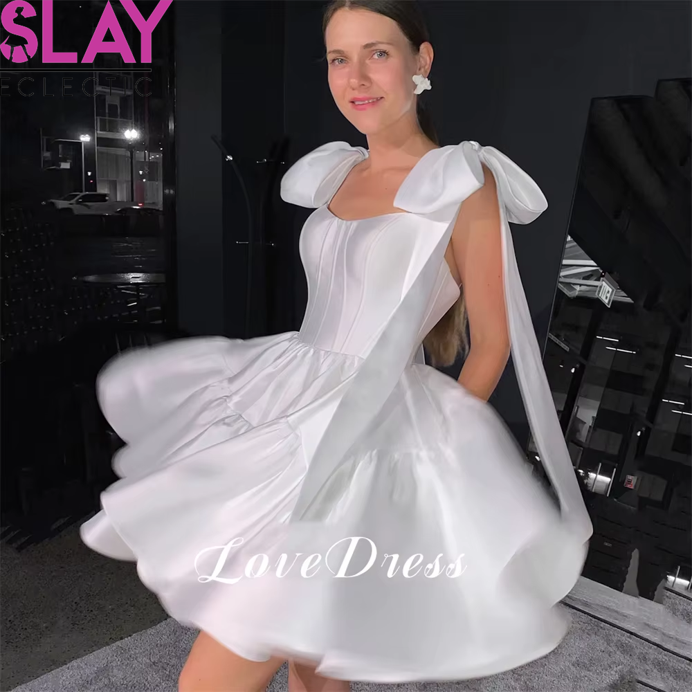 Customized Elegant Short A-Line Tiered Stain Pleats Bow Spaghetti Straps Wedding Dress above Knee Bridal Gown Elegant Vestido