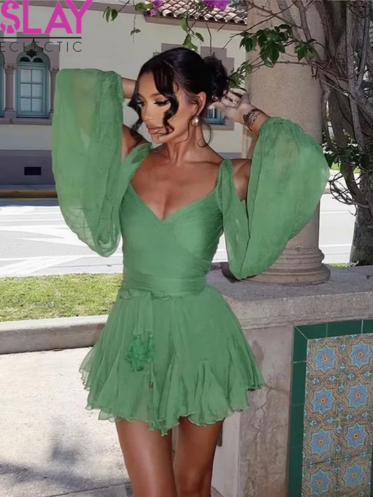 Vintage Green Chiffon Ruffles V-Neck Mini Dresses Fashion Full Sleeves High Waist Pleated Hem Dress Women Night Party Vestidos