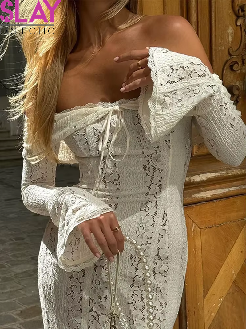 Sexy Lace Flare Sleeve Dress White off Shoulder Slim Maxi Dresses 2024 Women Female Hollow Out Mermaid Floor Length Elegant Robe