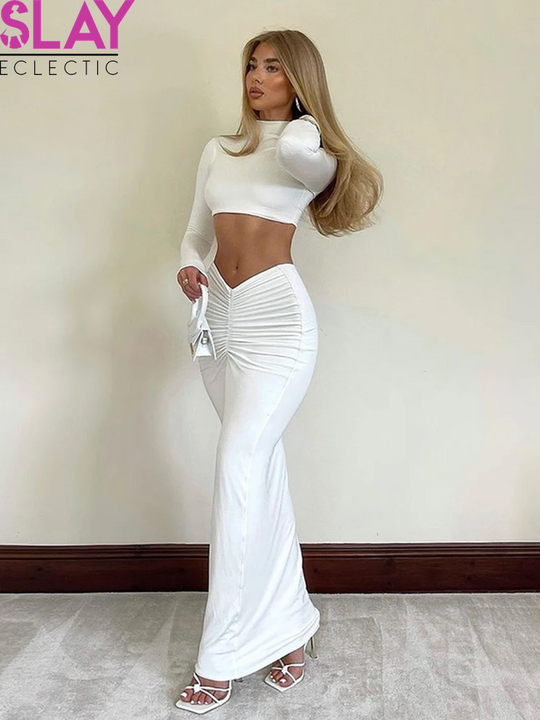 Elegant White Long Sleeve 2 Piece Set Outfits for Women Club Party Top and Dress Sets Long Ruched Matching Sets