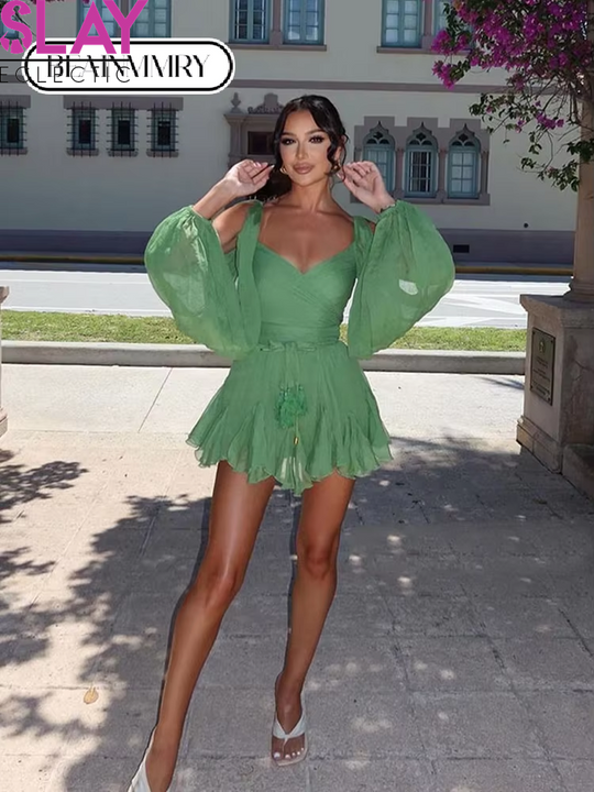 Vintage Green Chiffon Ruffles V-Neck Mini Dresses Fashion Full Sleeves High Waist Pleated Hem Dress Women Night Party Vestidos