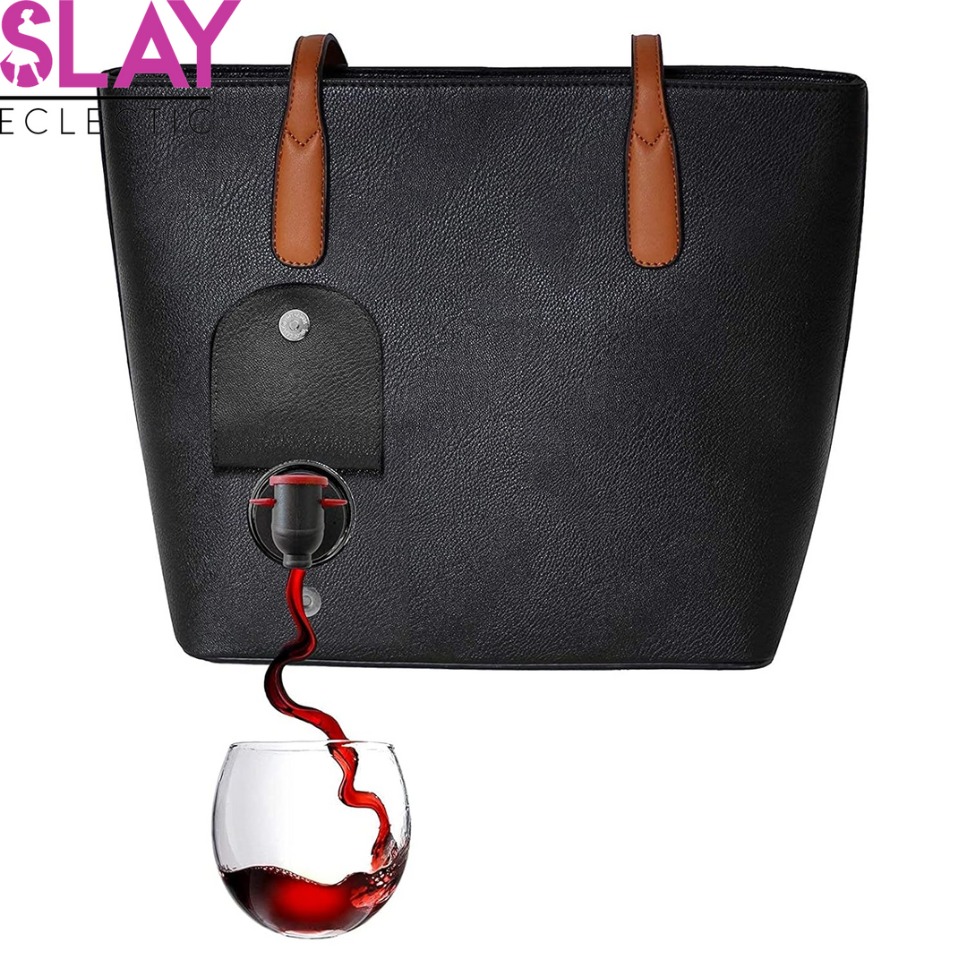 Classic Tote Bag - Vegan Leather Wine Purse with Hidden Spout and Dispenser Flask for Wine Lovers That Holds and Pours 2 Bottles of Wine! Traveling, Concert, Bachelorette Party - Aubergine