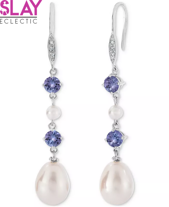 Tanzanite (1 Ct. T.W.), Cultured Freshwater Pearl (3Mm, 10X7Mm) & Diamond Accent Linear Drop Earrings in Sterling Silver