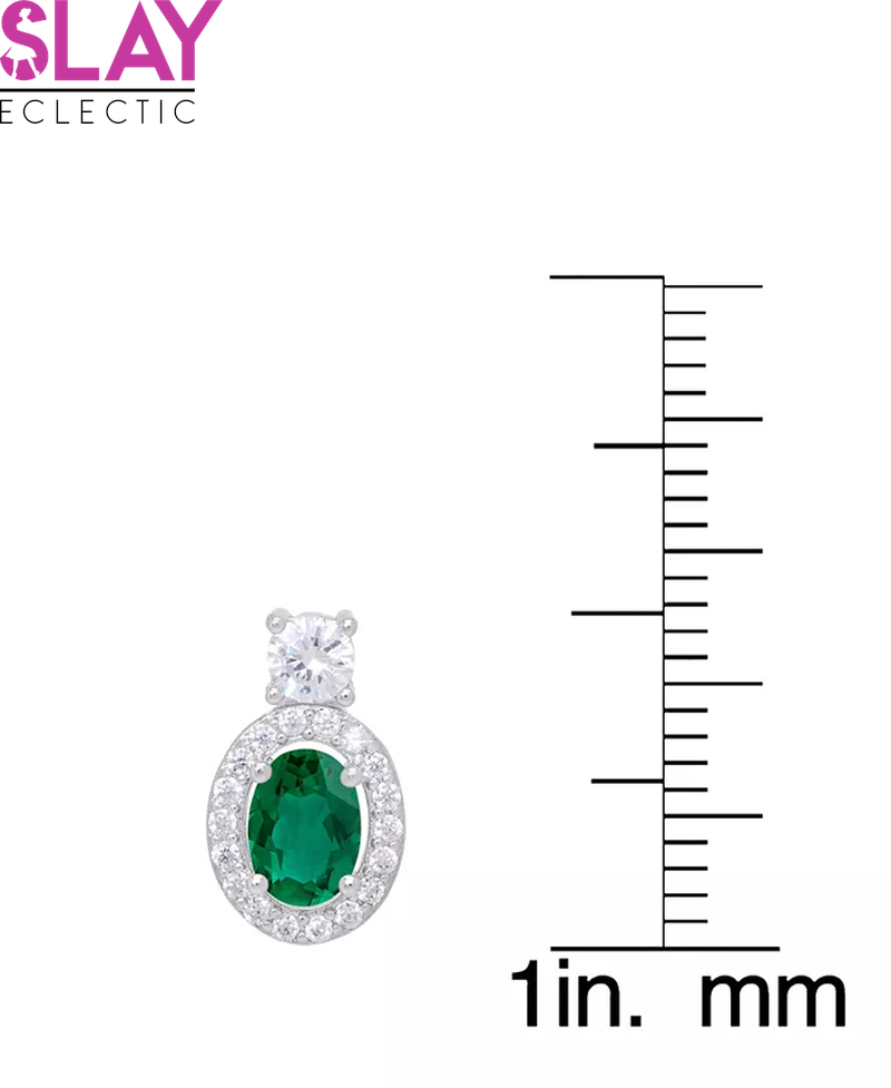 Simulated Emerald Oval Halo 3 Piece, Pendant, Earrings and Ring, Set in Silver Plate