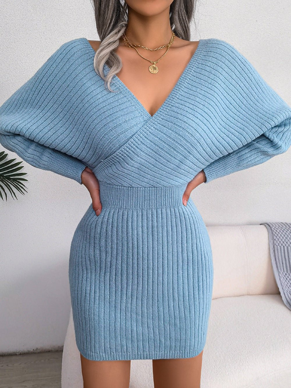 Winter Sexy Criss Cross V neck Bat Sheath Dress Woolen Women Clothing | Slay Eclectic