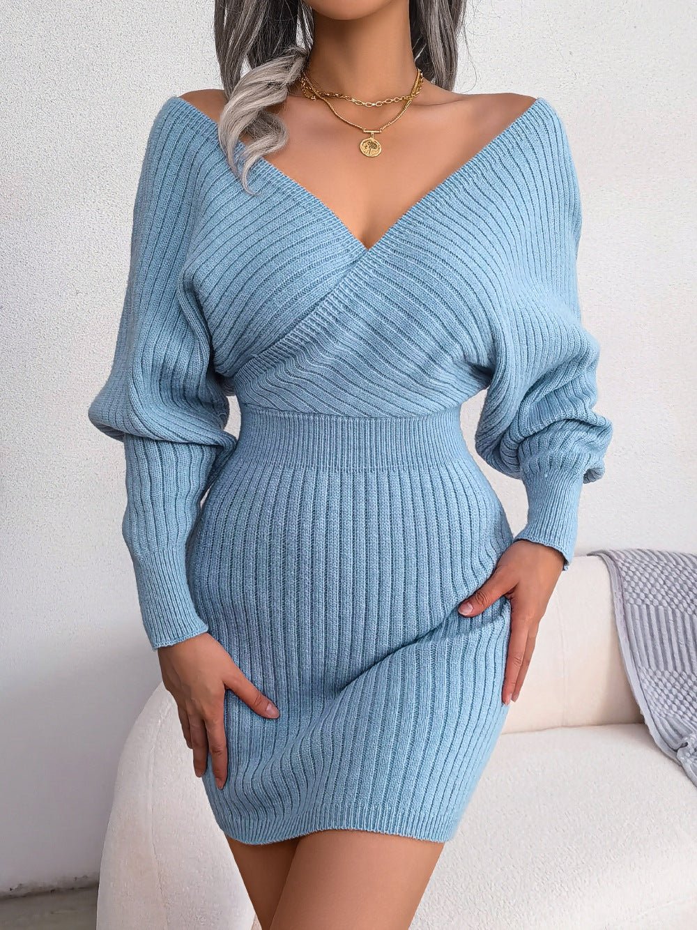 Winter Sexy Criss Cross V neck Bat Sheath Dress Woolen Women Clothing | Slay Eclectic