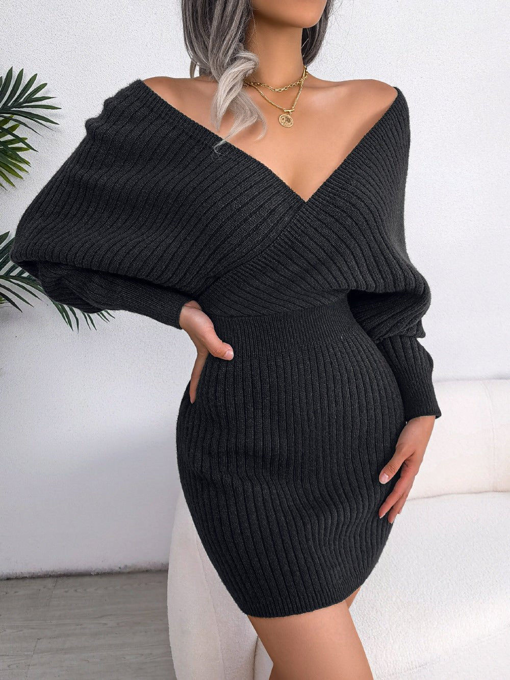 Winter Sexy Criss Cross V neck Bat Sheath Dress Woolen Women Clothing | Slay Eclectic