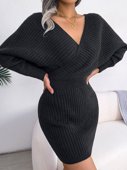 Winter Sexy Criss Cross V neck Bat Sheath Dress Woolen Women Clothing | Slay Eclectic