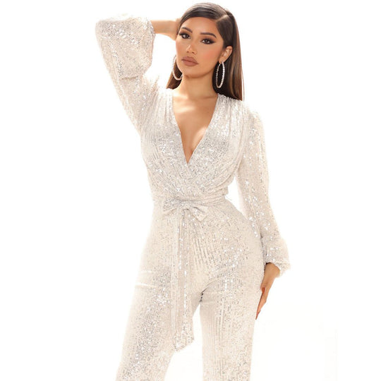 Women Clothing Sexy V-neck Sequined One-Piece Wide Leg One-Piece Trousers-Slay Eclectic