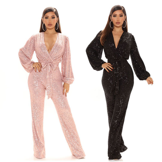 Women Clothing Sexy V-neck Sequined One-Piece Wide Leg One-Piece Trousers-Slay Eclectic