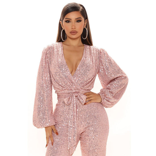 Women Clothing Sexy V-neck Sequined One-Piece Wide Leg One-Piece Trousers-Slay Eclectic