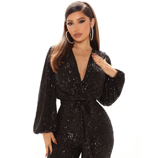 Women Clothing Sexy V-neck Sequined One-Piece Wide Leg One-Piece Trousers-Slay Eclectic