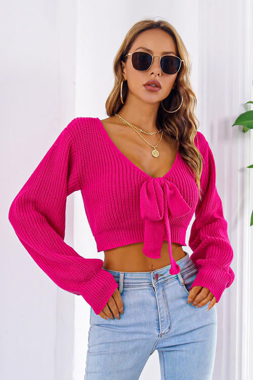 Bow V-Neck Long Sleeve Lace Up Cropped Sweater