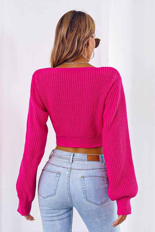 Bow V-Neck Long Sleeve Lace Up Cropped Sweater