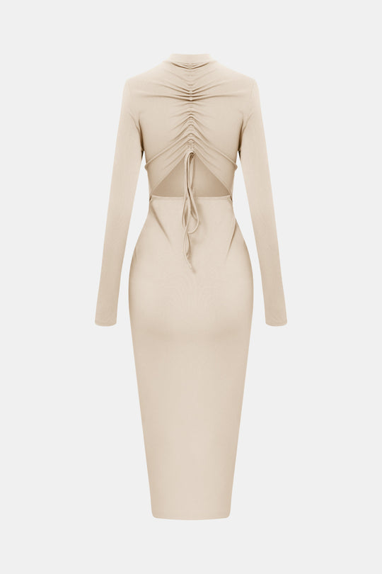 Pursuit Chic Bodycon Midi Dress - Beige