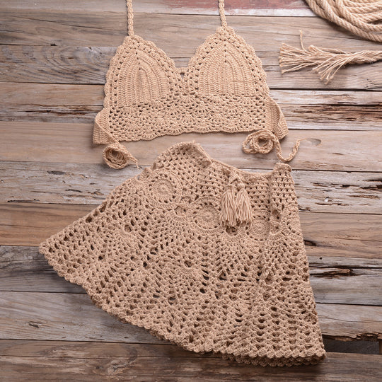 Hand Crocheting Bikini Wrapped Chest with Sexy All-Matching Hollow Out Cutout Pleated Skirt Split Swimsuit