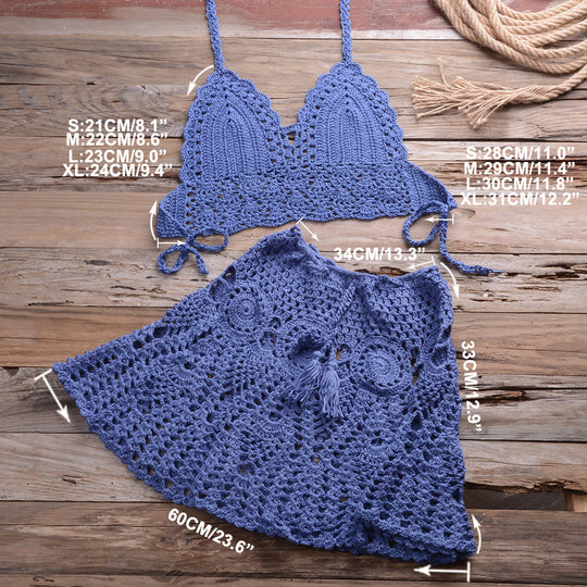 Hand Crocheting Bikini Wrapped Chest with Sexy All-Matching Hollow Out Cutout Pleated Skirt Split Swimsuit