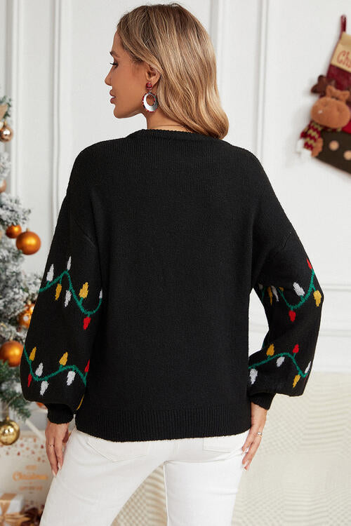 Round Neck Pattern Lantern Sleeve Sweater-Slay Eclectic