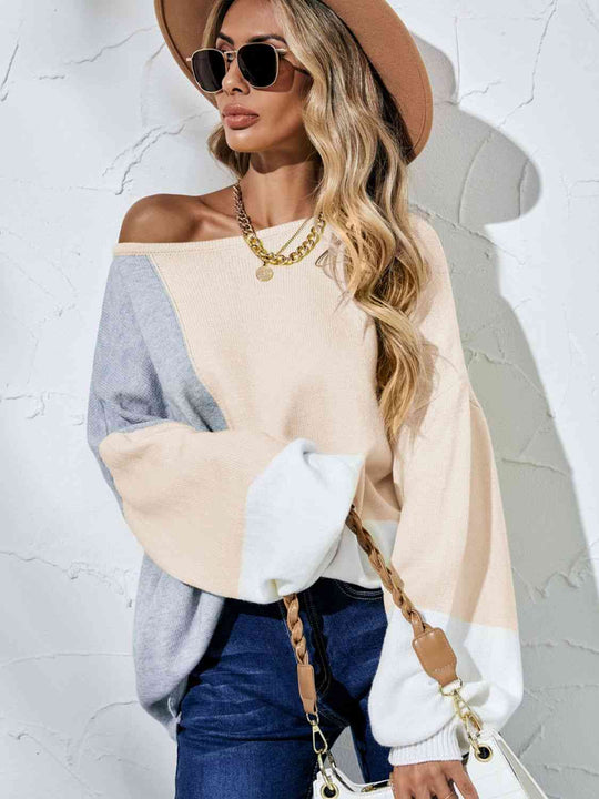 Color Block Boat Neck Balloon Sleeve Cozy Sweater