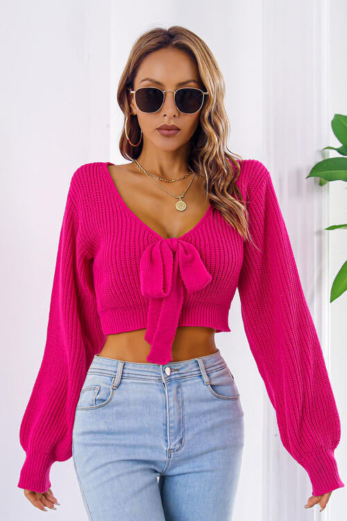 Bow V-Neck Long Sleeve Lace Up Cropped Sweater