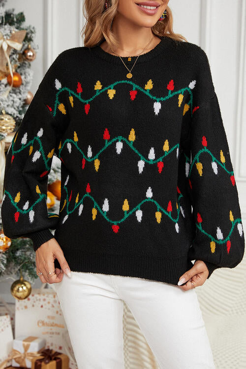 Round Neck Pattern Lantern Sleeve Sweater-Slay Eclectic