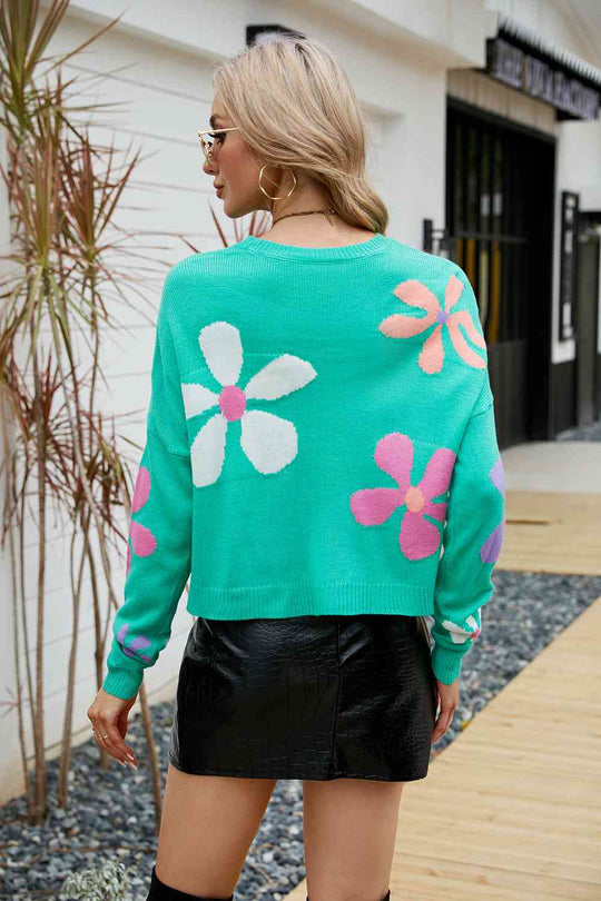 Flower Round Neck Drop Shoulder Sweater