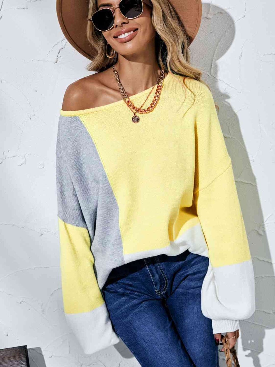 Color Block Boat Neck Balloon Sleeve Cozy Sweater