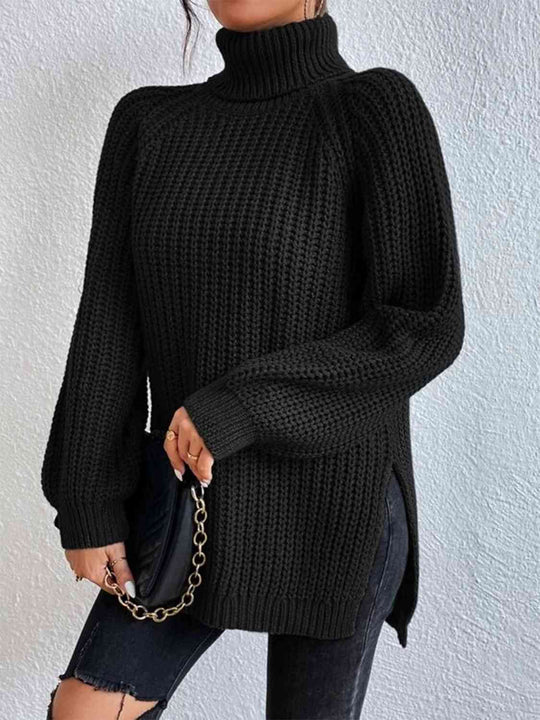 Full Size Turtleneck Rib-Knit Slit Sweater