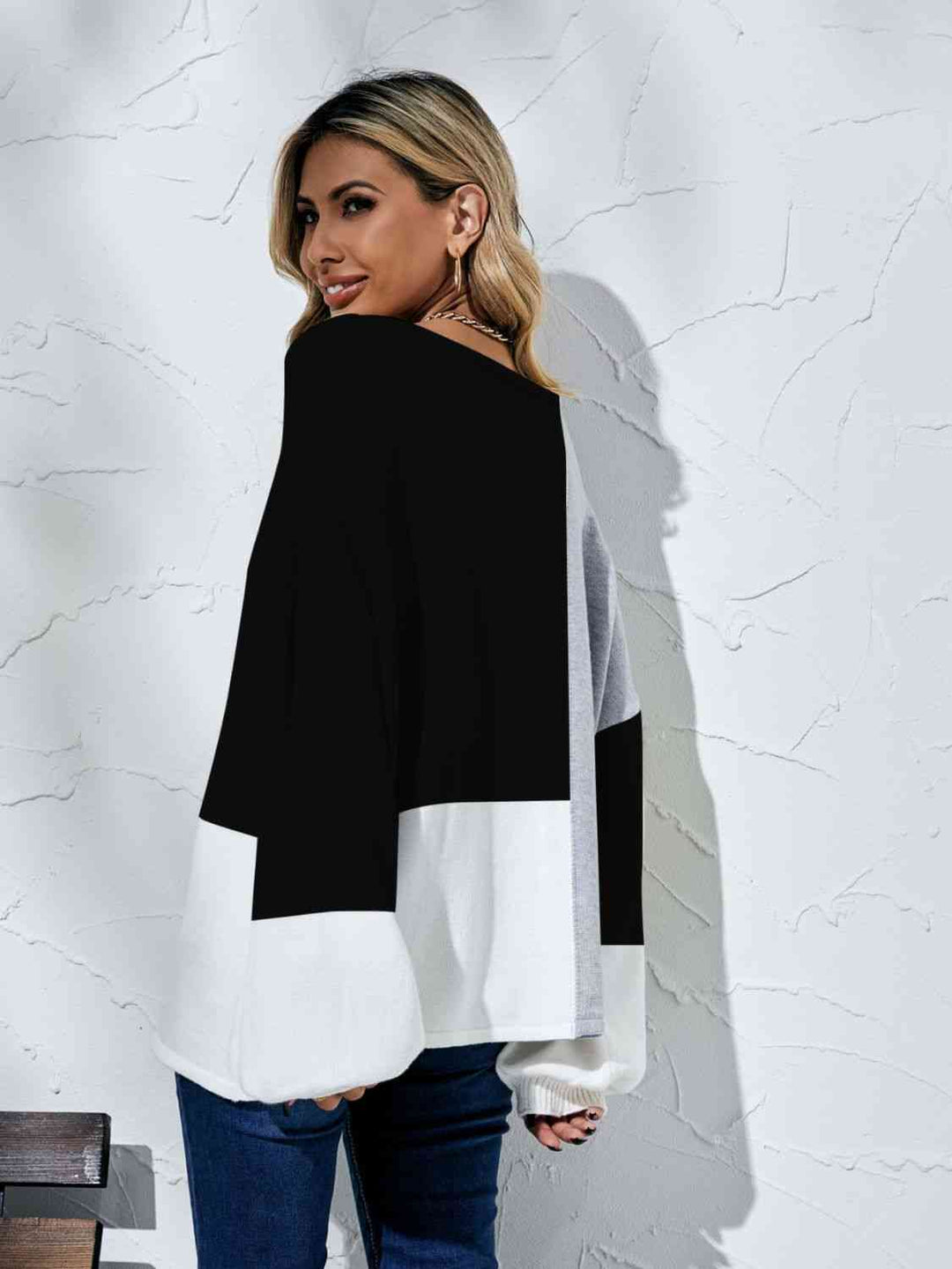 Color Block Boat Neck Balloon Sleeve Cozy Sweater