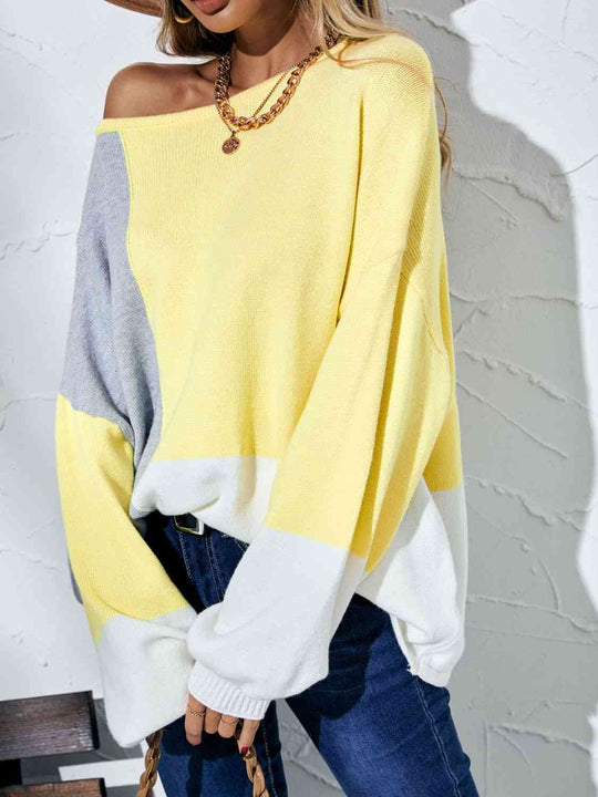 Color Block Boat Neck Balloon Sleeve Cozy Sweater