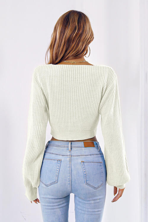 Bow V-Neck Long Sleeve Lace Up Cropped Sweater