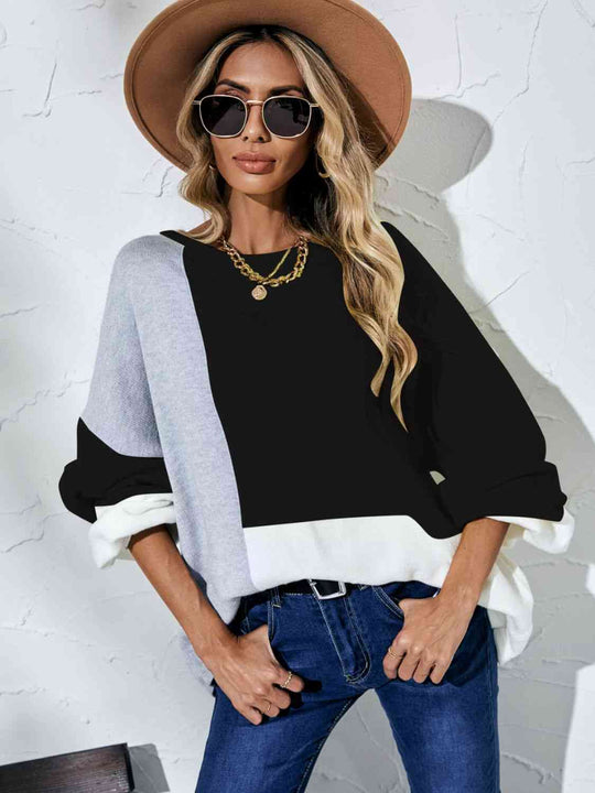 Color Block Boat Neck Balloon Sleeve Cozy Sweater