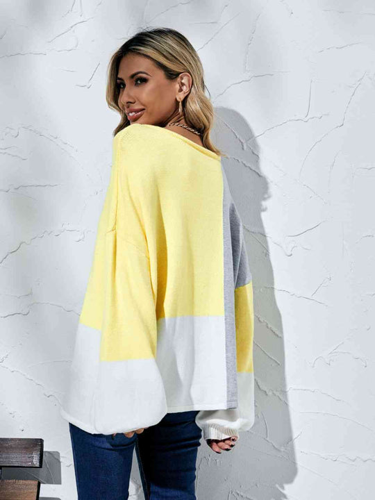 Color Block Boat Neck Balloon Sleeve Cozy Sweater